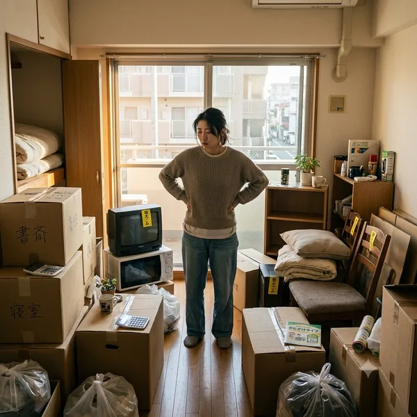 引越し前に大量の不用品を前に困る女性(イメージ)