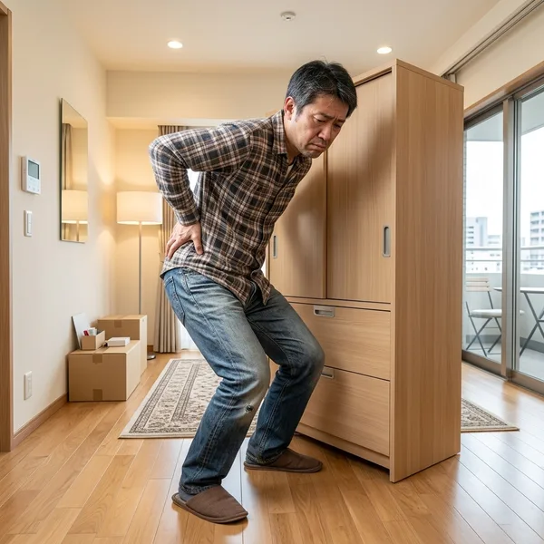 重いタンスを運べず困る男性(イメージ)