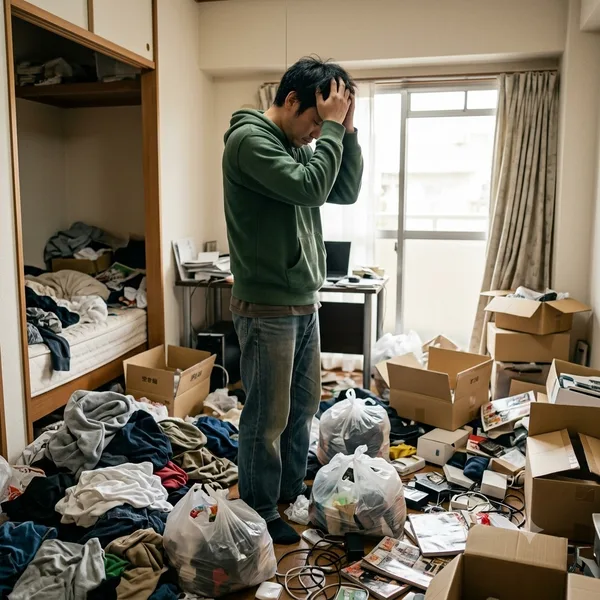 散らかった部屋を前に頭を抱える男性(イメージ)